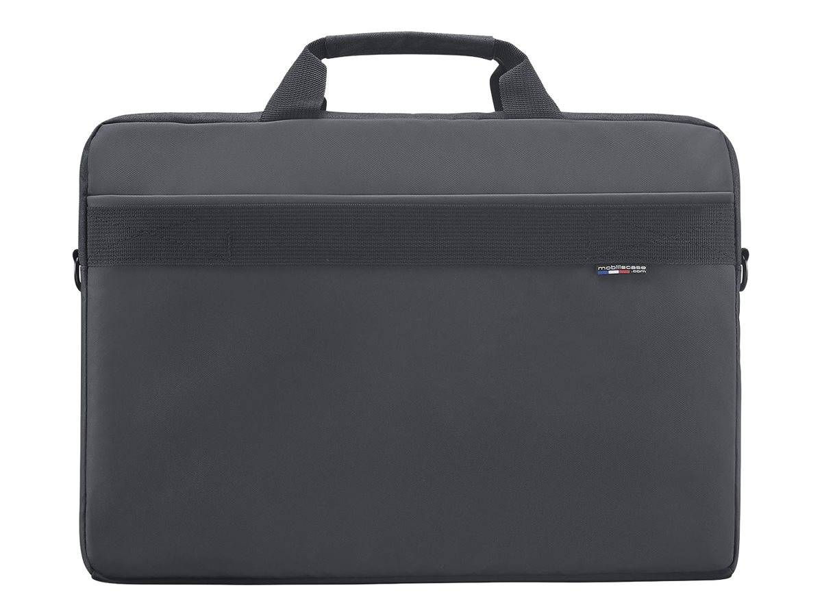 Graue Laptop-Aktentasche mit Reißverschluss, oberer Griff und kleinem Logo-Etikett auf der Vorderseite.