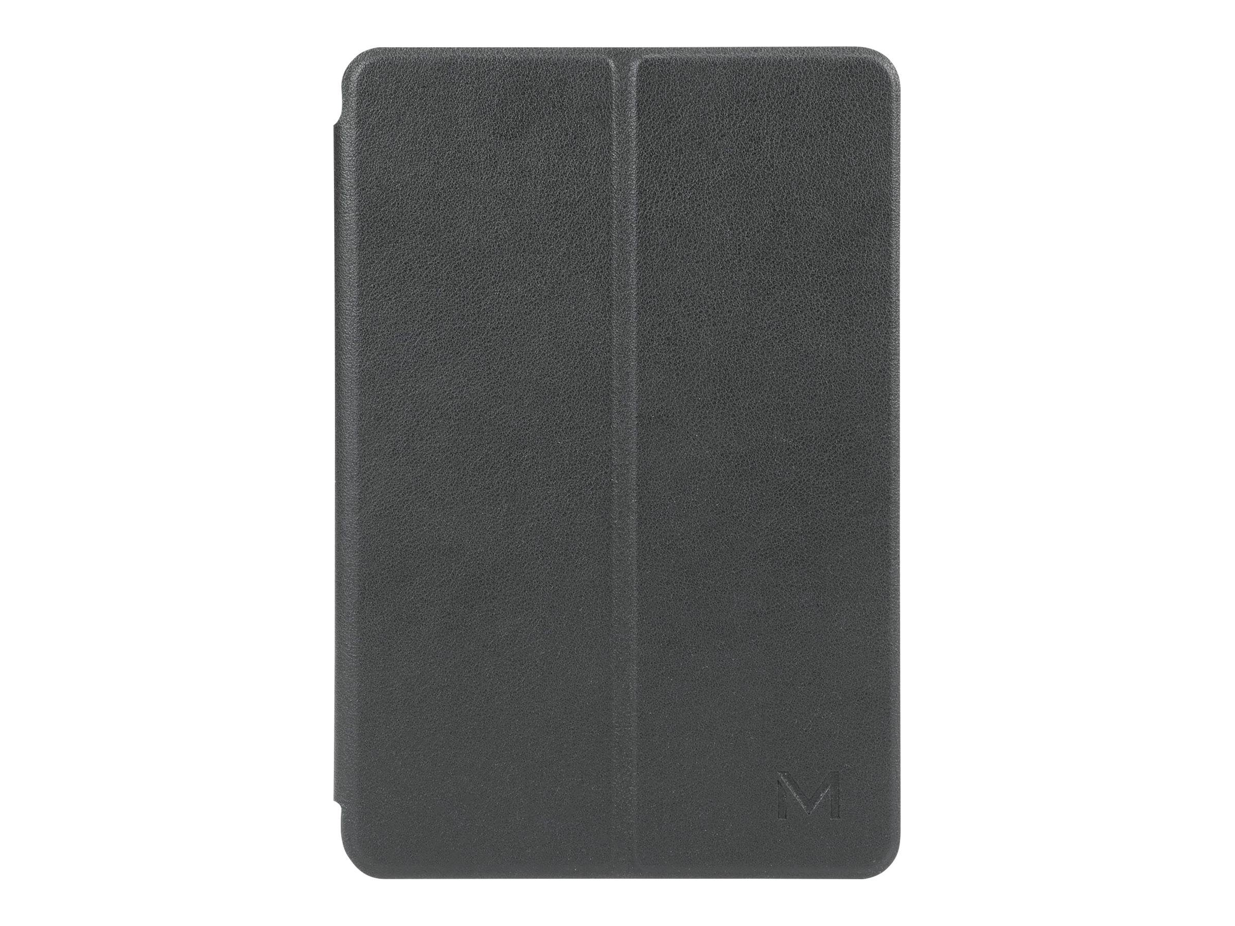 Schwarze Tablet-Schutzhülle mit geschlossenem Vorderdeckel, mit feiner vertikaler Naht und kleinem geprägtem Logo in der unteren rechten Ecke.