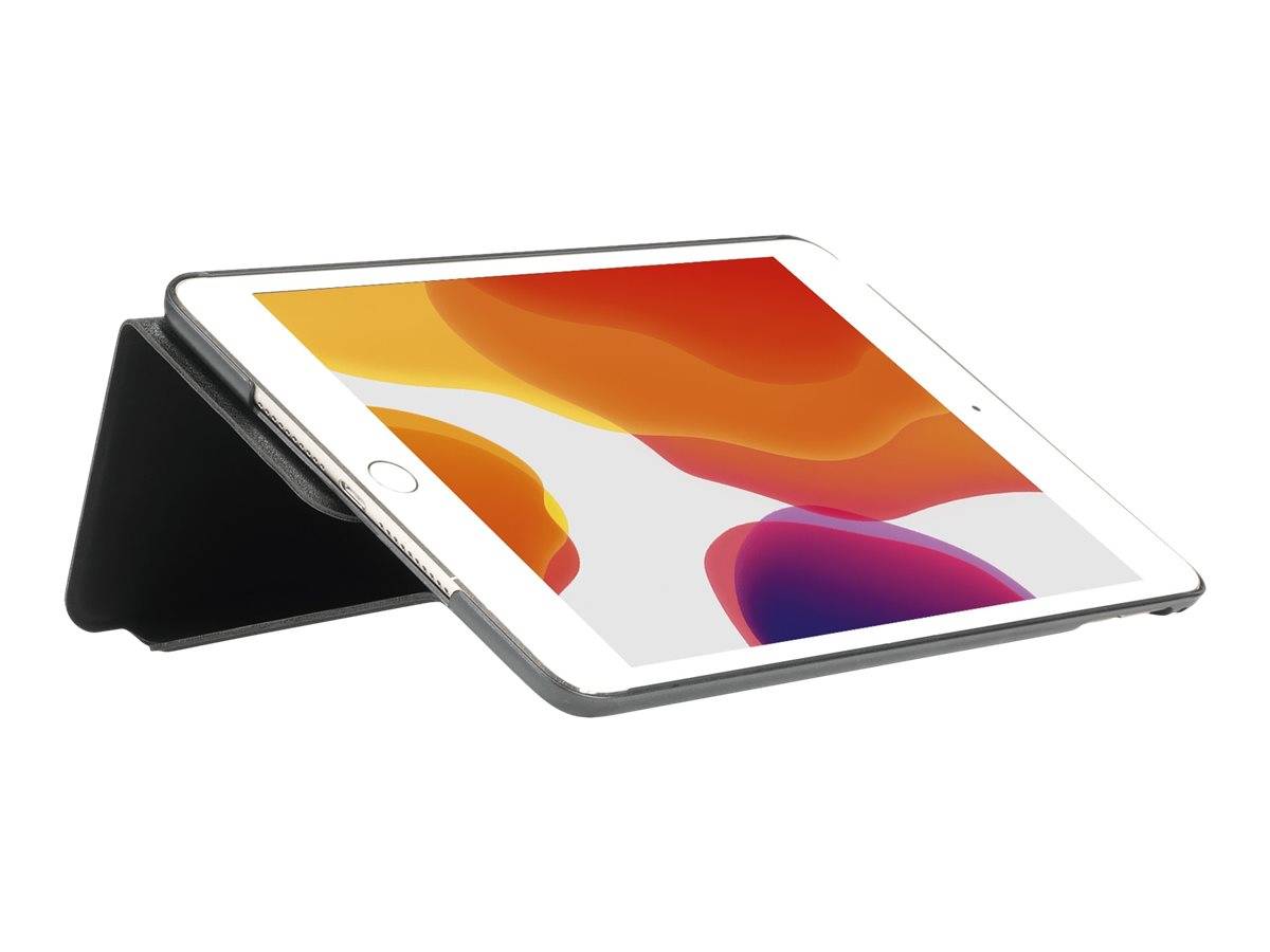 Tablet in einem schwarzen Klapptui, in Querformat dargestellt mit einem farbenfrohen abstrakten Hintergrundbild auf dem Bildschirm.