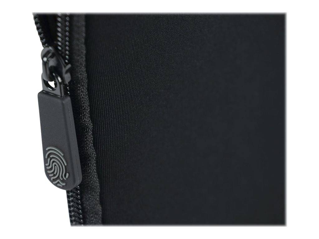 Nahaufnahme eines schwarzen Reißverschlusses und einer Zuglasche mit einem Fingerabdruck-Logo auf einer schwarzen Stoff-Tasche oder -Beutel.