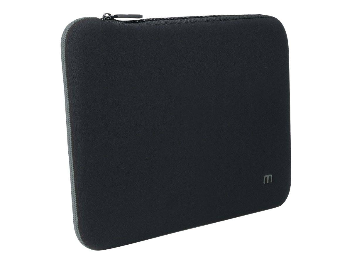 Schwarze reißverschluss-Schutzhülle oder -Etui mit einem kleinen „m"-Logo auf einfachem Hintergrund.