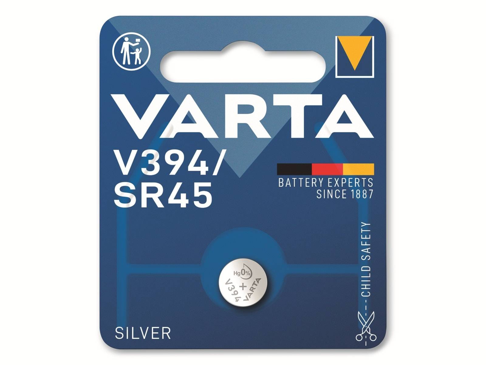 Packung einer VARTA V394/SR45 Silber-Knopfzellenbatterie, beschriftet mit „Battery experts since 1887