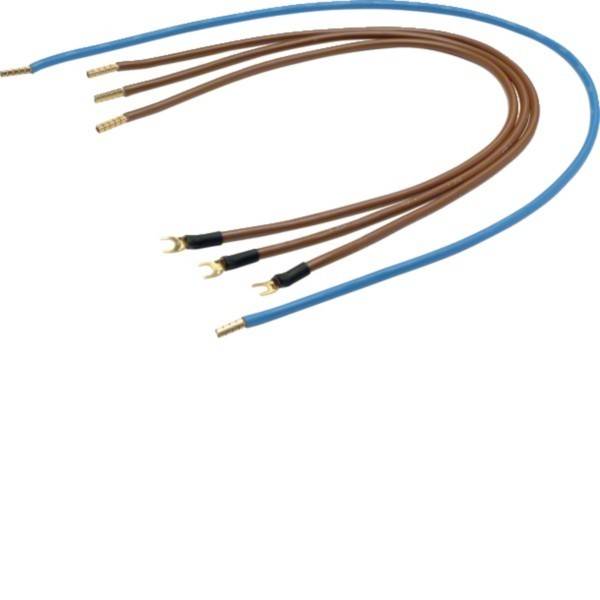 Das Bild zeigt mehrere blaue und braune elektrische Kabel mit goldenen Steckverbindern, die wahrscheinlich für Verkabelung oder elektronische Anschlüsse verwendet werden.