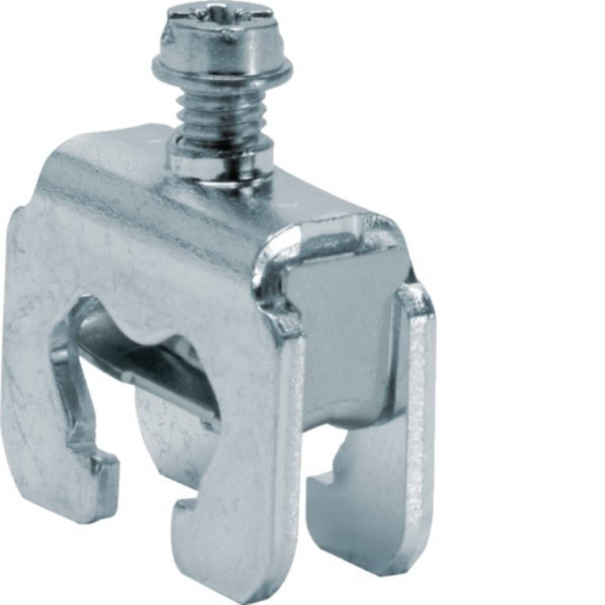 Eine Metallklammer mit einer Schraube oben, die zur Befestigung von Komponenten in elektrischen oder mechanischen Baugruppen verwendet wird.