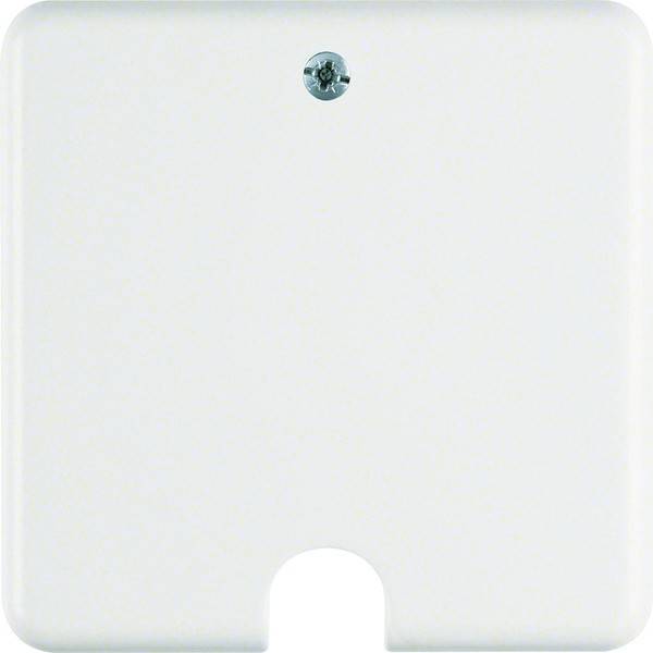 Eine weiße, leere Wandabdeckung, quadratisch mit abgerundeten Ecken, mit einer zentralen Schraube an der Oberseite zur Befestigung und einer offenen Unterseite für Kabelzugang.