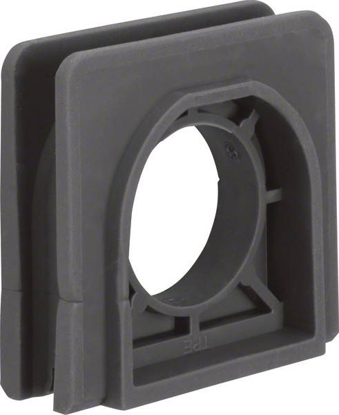 Ein quadratischer grauer Befestigungsrahmen mit einer kreisförmigen Öffnung, der dazu dient, Komponenten an ihrem Platz zu sichern.