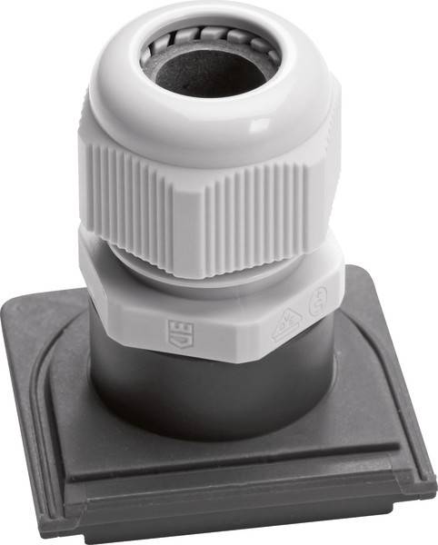 Eine weiße Kabelverschraubung auf einer schwarzen Basis, verwendet zur Sicherung von elektrischen Kabeln.