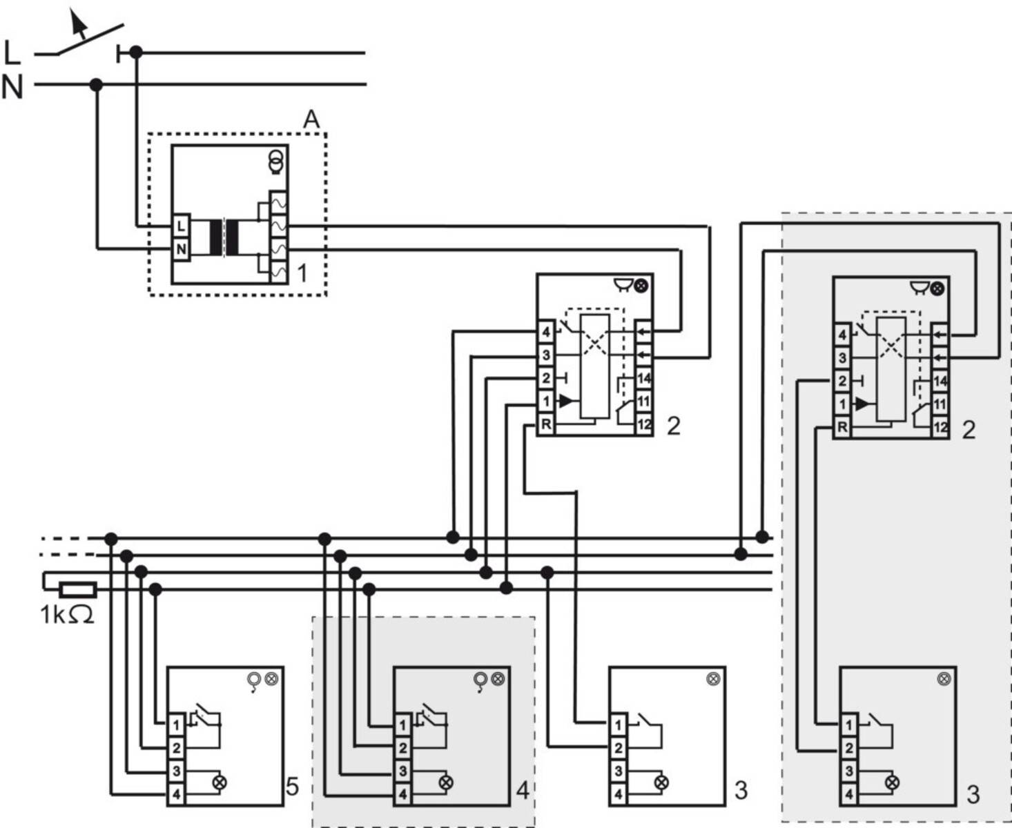 Eine Schaltskizze, die einen elektrischen Schaltkreis mit nummerierten Bauteilen, verbindenden Leitungen und mit Beschriftungen versehenen Abschnitten zur Referenzierung des Aufbaus zeigt.