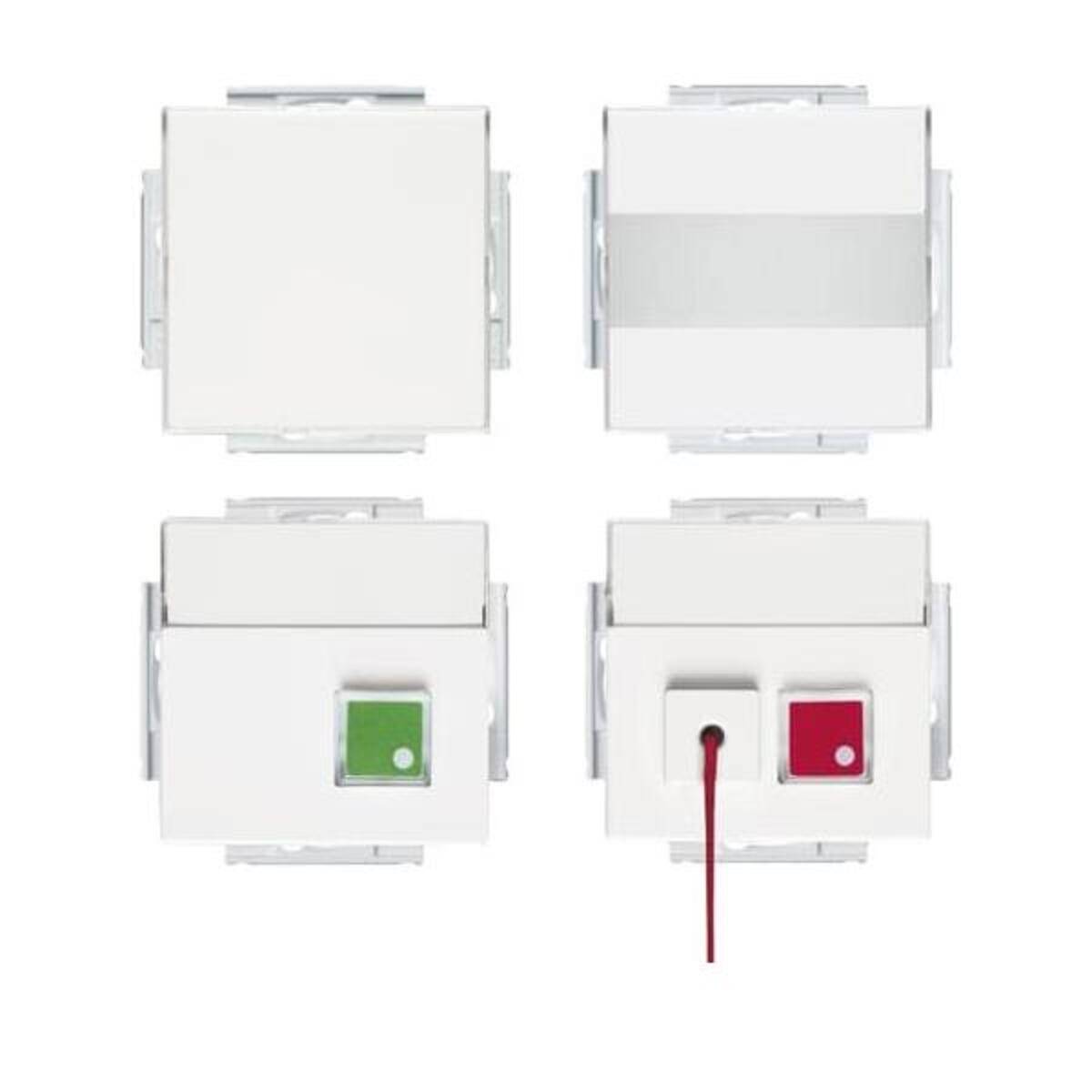 Vier verschiedene elektrische Schaltmodule: ein leeres, eines mit einem horizontalen Streifen, eines mit einem grünen Schalter und eines mit einem roten Schalter und Draht.