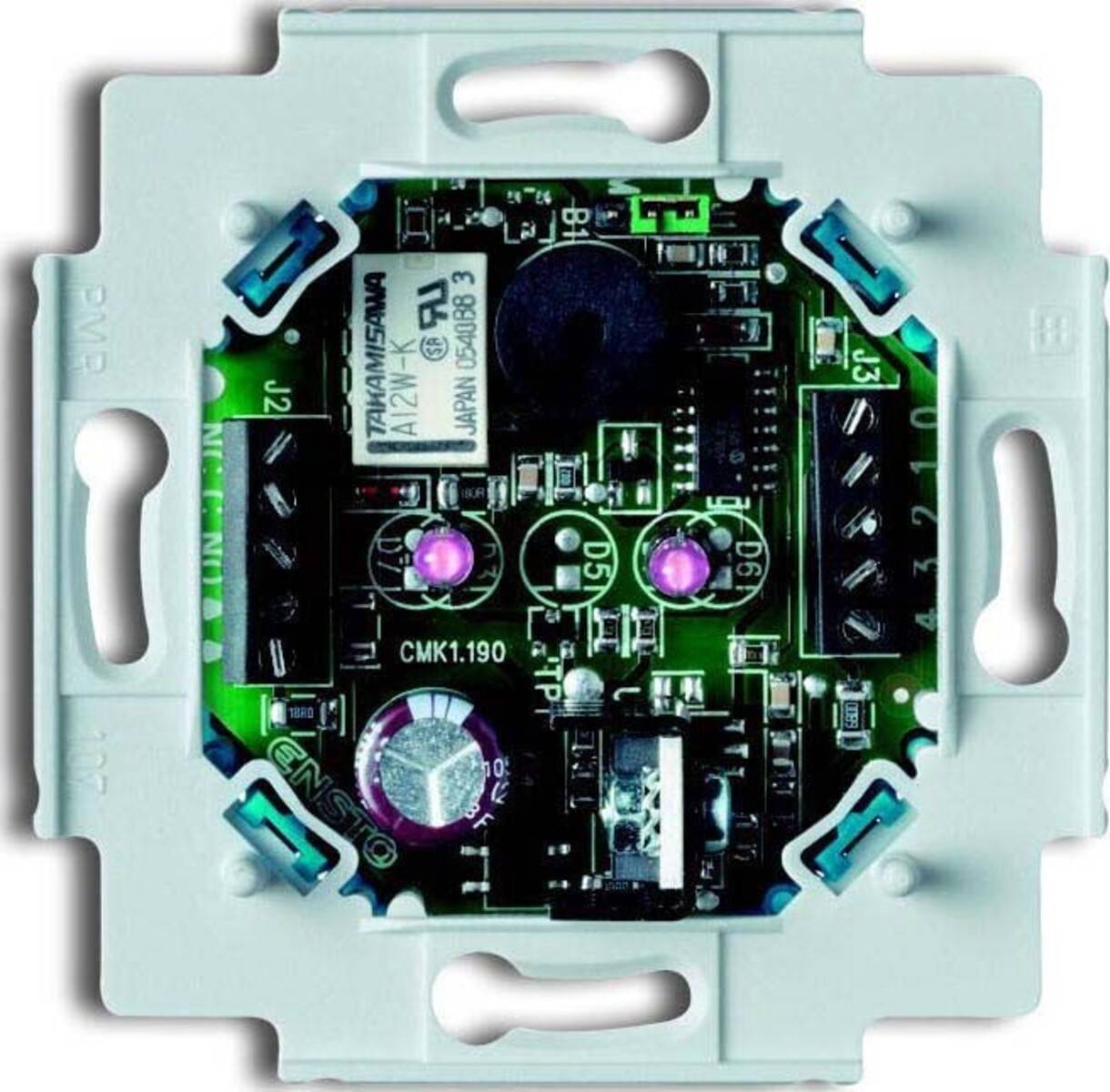 Elektrische Schaltungskomponente mit verschiedenen Widerständen und Anschlüssen, die in einem quadratischen Rahmen mit Befestigungslöchern eingebettet ist.