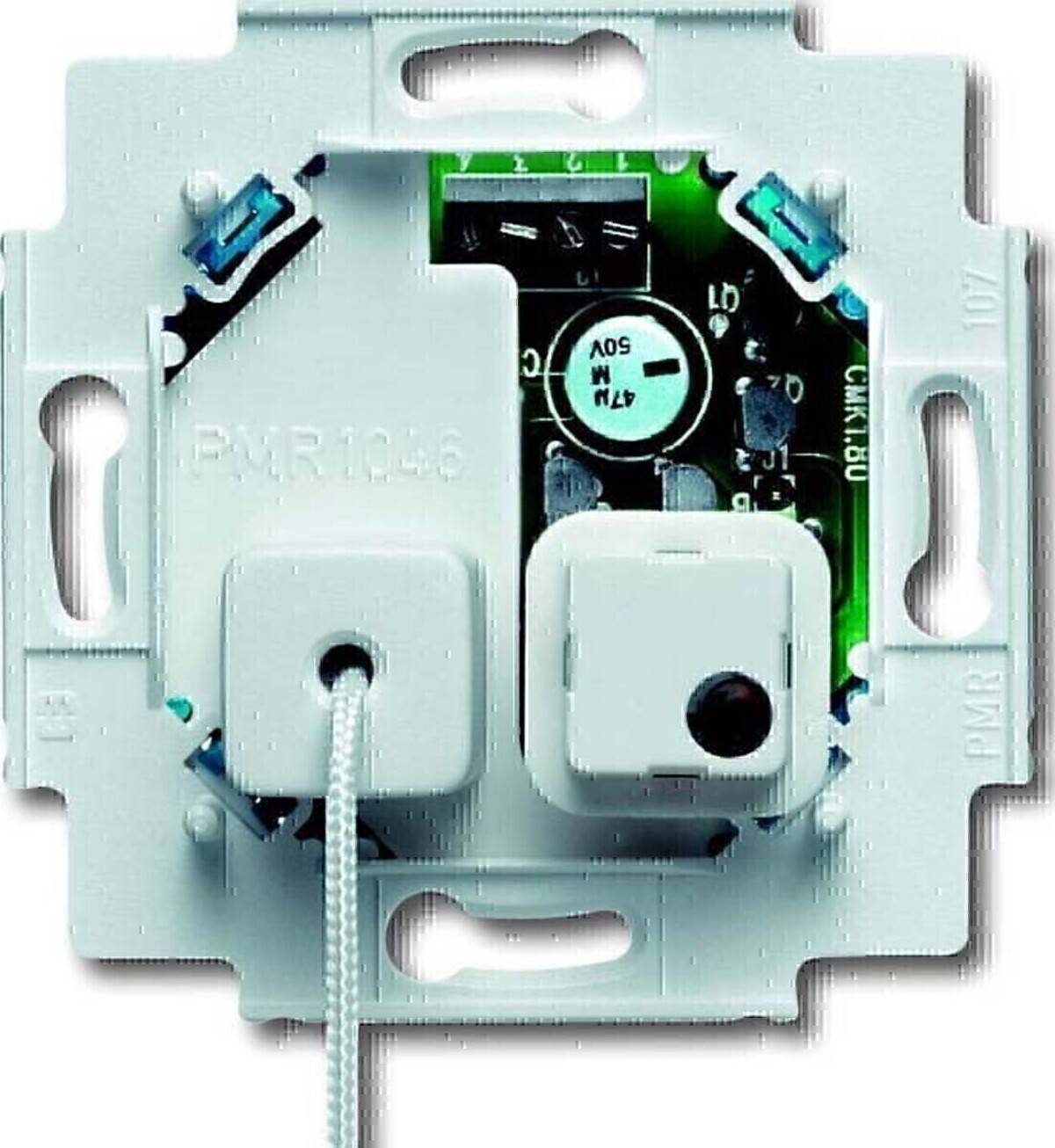Rückansicht eines wandmontierten Elektroschalter-Mechanismus mit sichtbarer Verdrahtung und Leiterplatte in einem weißen Kunststoffgehäuse.