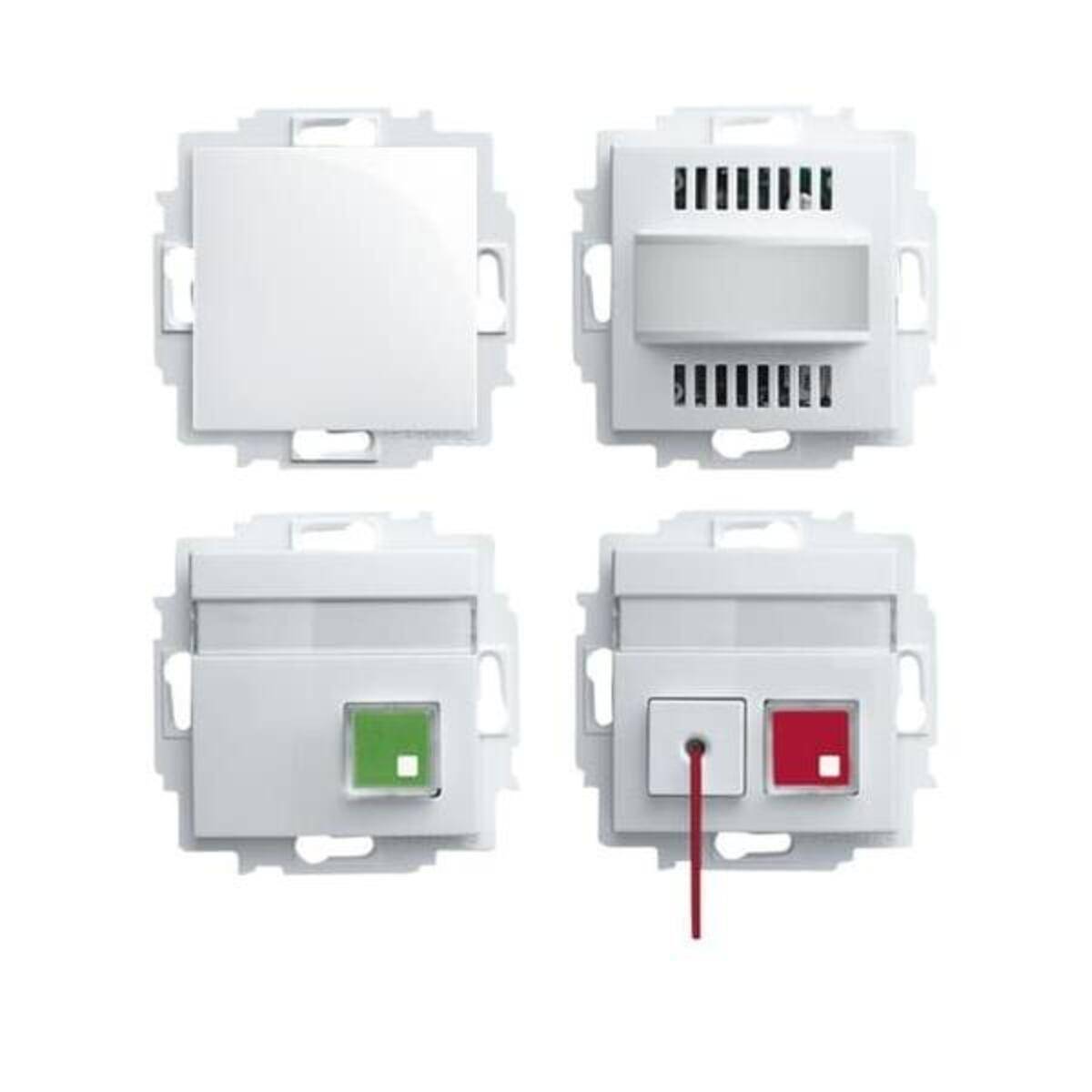 Vier weiße elektrische Schaltkomponenten: eine blanke, eine mit Lüftungsschlitzen, eine mit grünem Indikator und eine weitere mit roten und weißen Tasten.