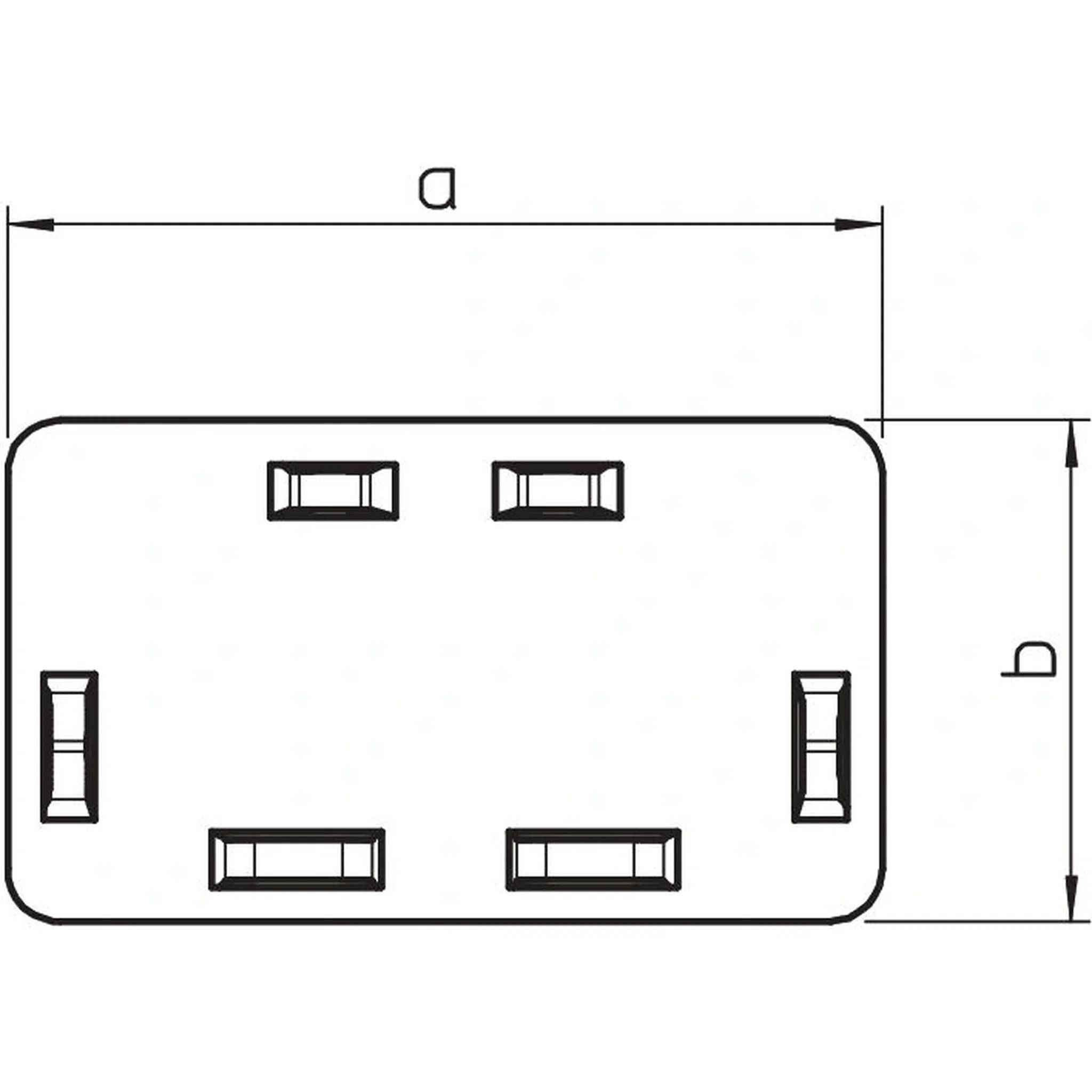 Technisches Diagramm eines abgerundeten Rechtecks mit sechs inneren Schlitzen, gekennzeichnet mit den Abmessungen a oben und b auf der rechten Seite.