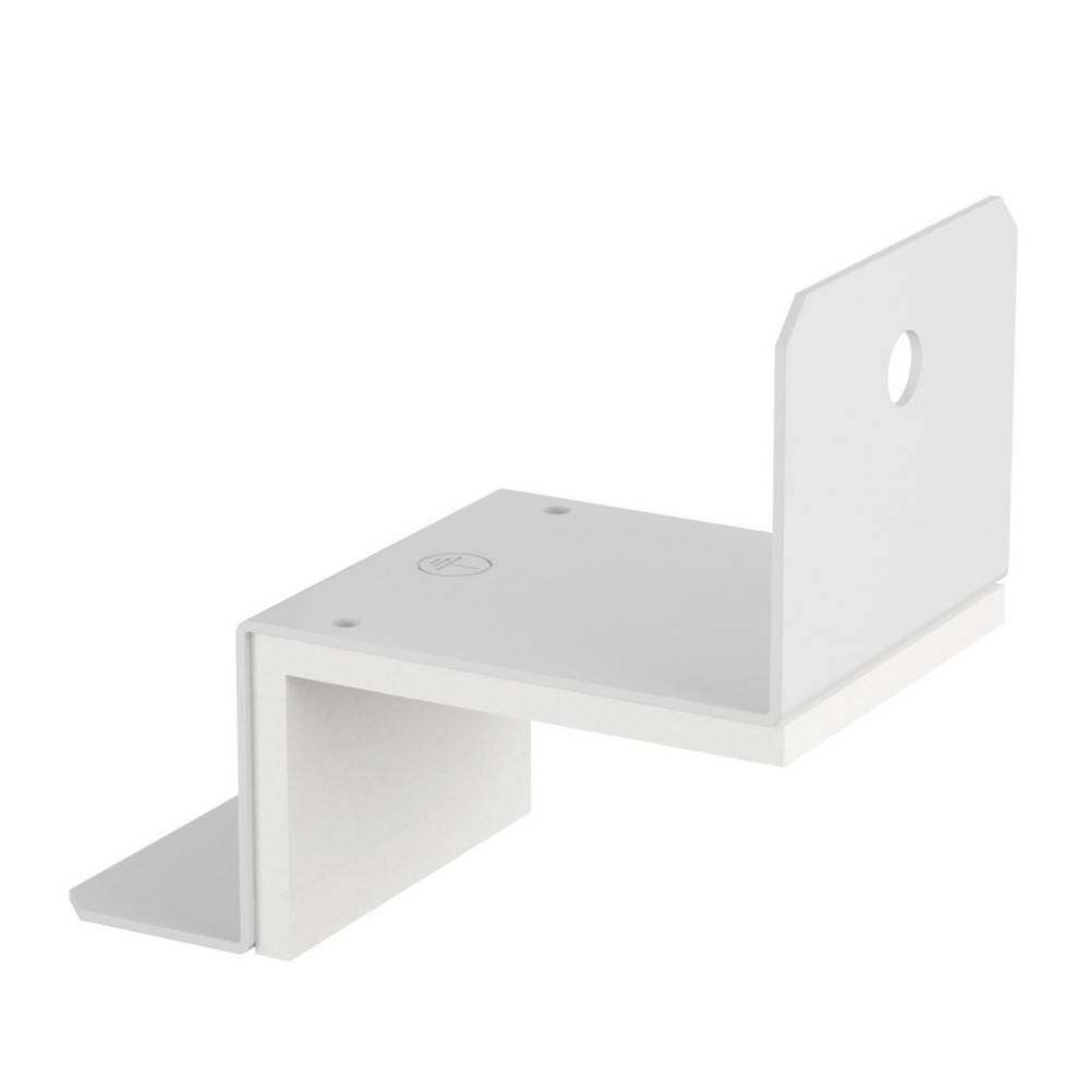 L-förmige weiße Metallhalterung mit einem Loch im vertikalen Abschnitt, zum Wandmontieren oder zur Abstützung vorgesehen.