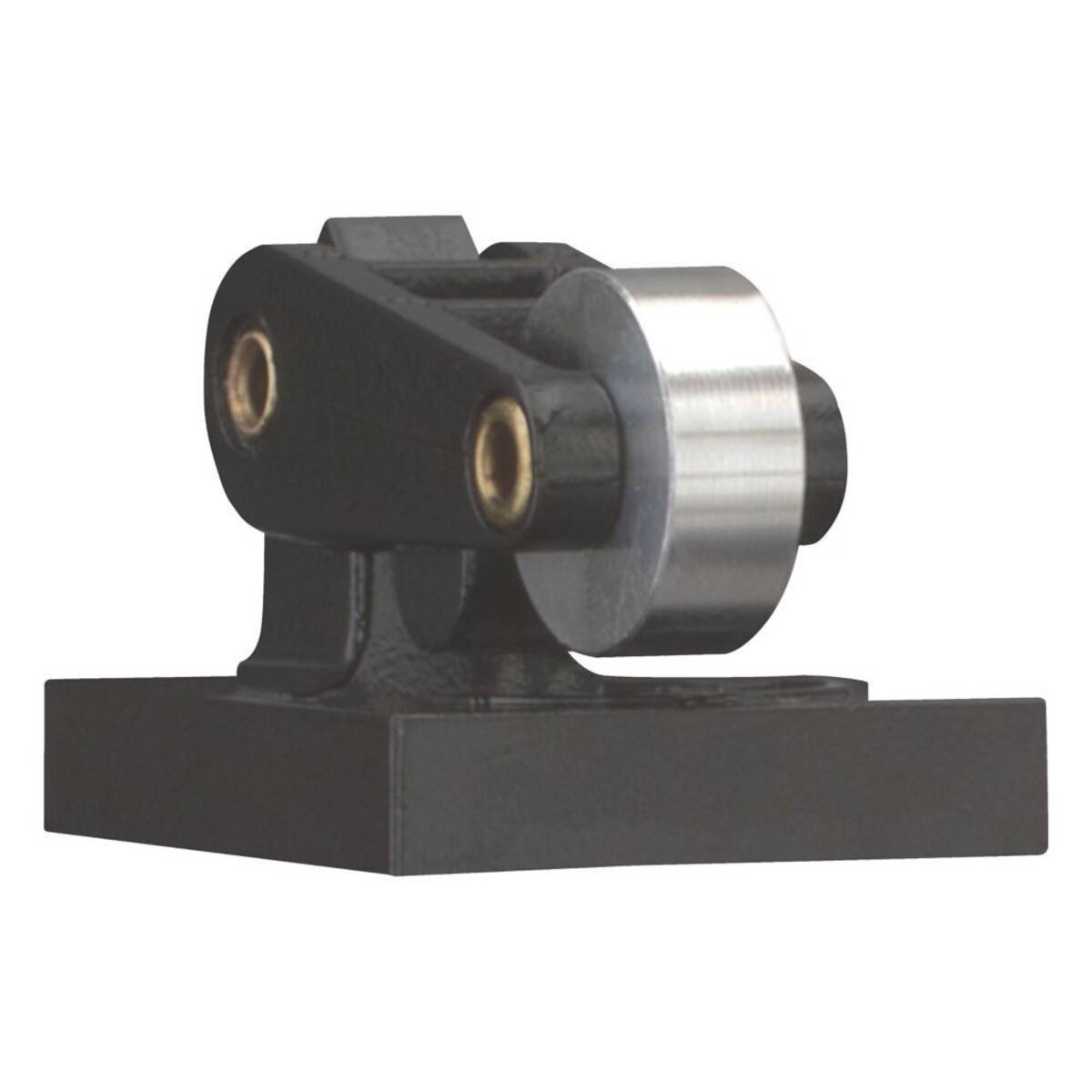 Eine schwarze und silberne industrielle Komponente mit zylindrischen Merkmalen ist auf einer flachen Basis montiert, die möglicherweise in mechanischen Anwendungen verwendet wird.