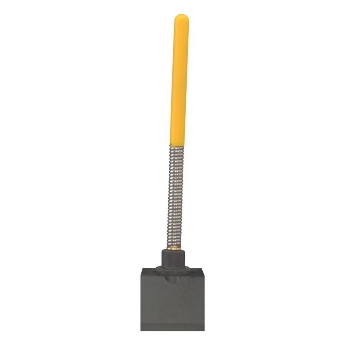 Ein schwarzer Gummitürstopper mit einer Feder und gelber Spitze, der verhindert, dass Türen gegen Wände schlagen.