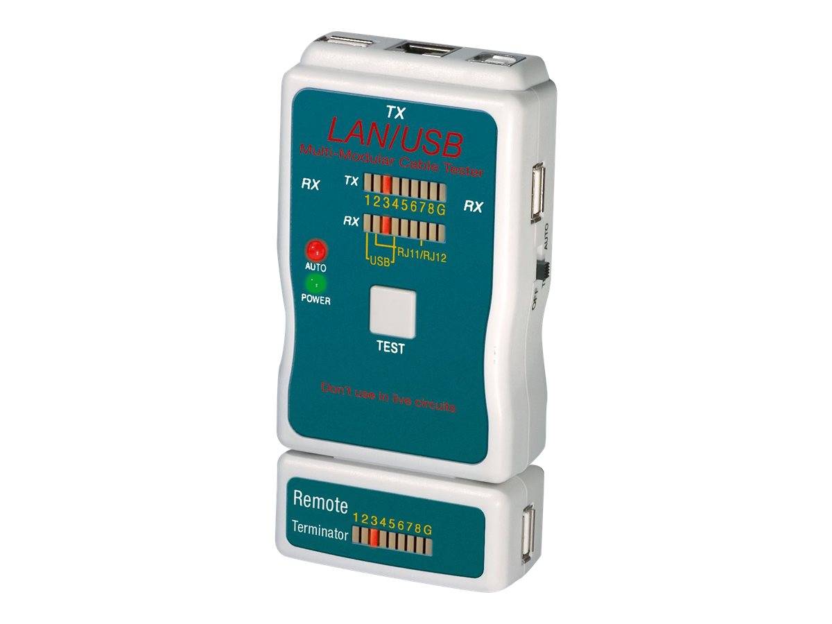 Tragbarer LAN-/USB-Kabeltester mit abnehmbarem Remote-Abschluss, gekennzeichnet mit TX/RX und nummerierten Drahtverbindungs-Indikatoren.