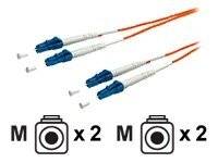 Zwei Duplex-Lichtwellenleiterkabel mit blauen Steckverbindern, gekennzeichnet mit 'M' und 'x2' für jedes Kabelpaar.