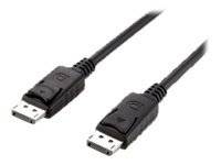 Zwei DisplayPort-Steckerverbinder auf schwarzen Kabeln, dargestellt auf weißem Hintergrund.