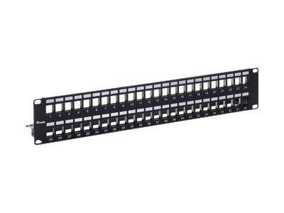 Rack-Montage-Netzwerk-Patchpanel mit 48 beschrifteten Anschlüssen und zwei Reihen von RJ45-Keystone-Öffnungen.