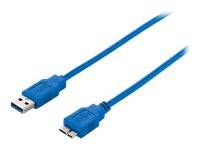 Blaues USB-Kabel mit einem Standard-USB-A-Stecker auf der einen Seite und einem kleineren USB-Anschluss auf der anderen Seite.