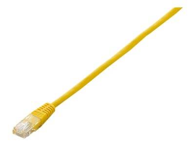 Gelbes Ethernet-Kabel mit RJ45-Stecker an einem Ende, diagonal vor weißem Hintergrund dargestellt.