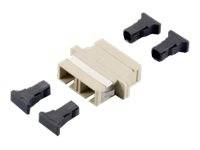 Faseroptik-Steckeradapter mit einem beigen Duplex-Kupplung und vier schwarzen Schutzstaubkappen
