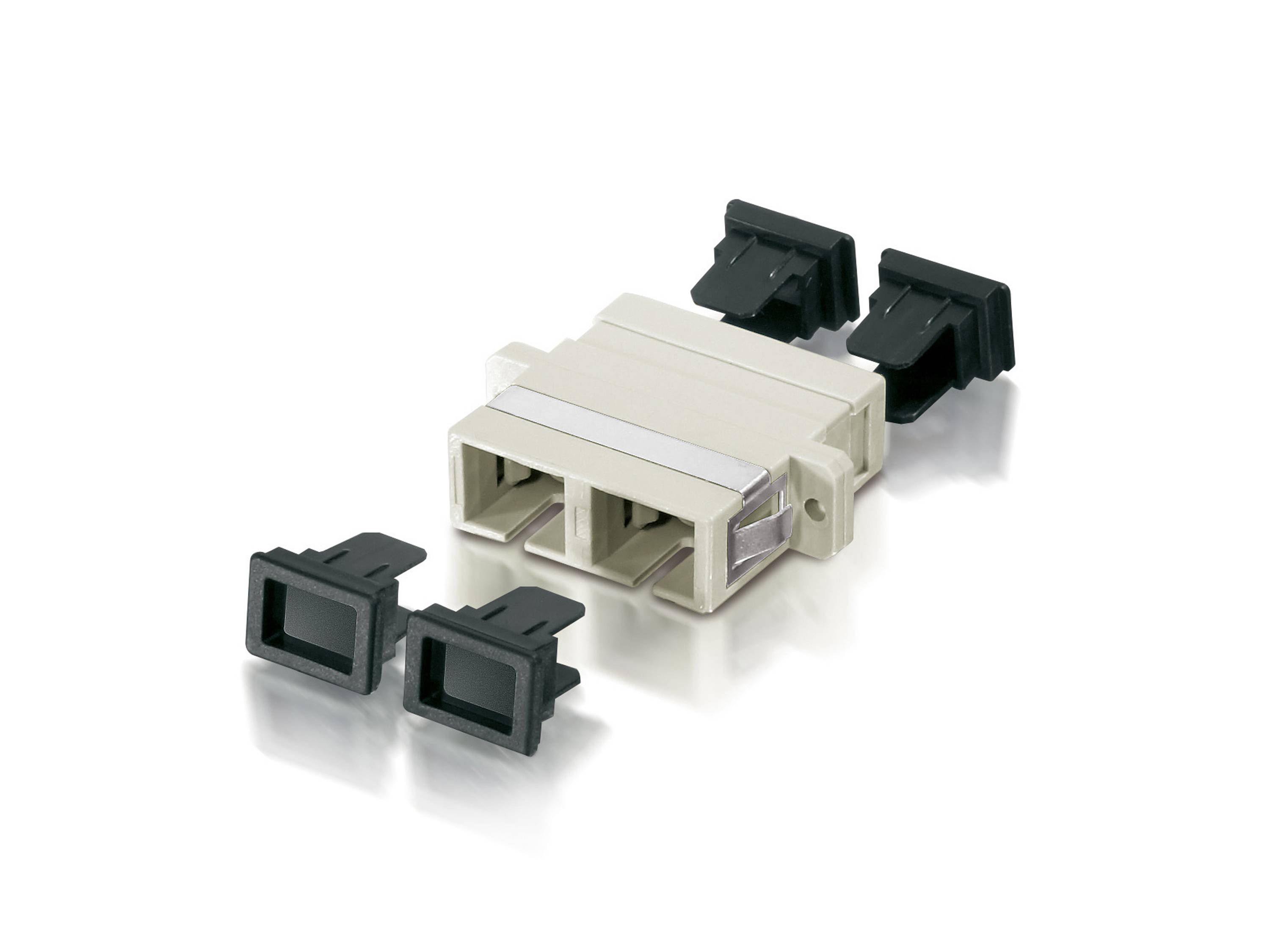 Glasfaser-Duplexsteckeradapter mit schwarzen Staubschutzvorrichtungen auf weißem Hintergrund