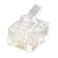 Transparenter RJ45-Ethernet-Steckverbinder mit acht sichtbaren vergoldeten Kontakten, dargestellt auf weißem Hintergrund.