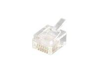 Nahaufnahme eines transparenten RJ45-Ethernet-Steckers mit vergoldeten Kontakten, isoliert auf weißem Hintergrund.