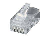 Nahaufnahme eines Ethernet-Netzwerkkabelsteckers mit transparentem Kunststoffstecker und vergoldeten Kontaktstiften.