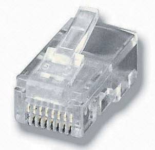 Nahaufnahme eines transparenten RJ45-Ethernet-Kabelsteckers mit sichtbaren Metallkontakten und Verriegelungslasche.