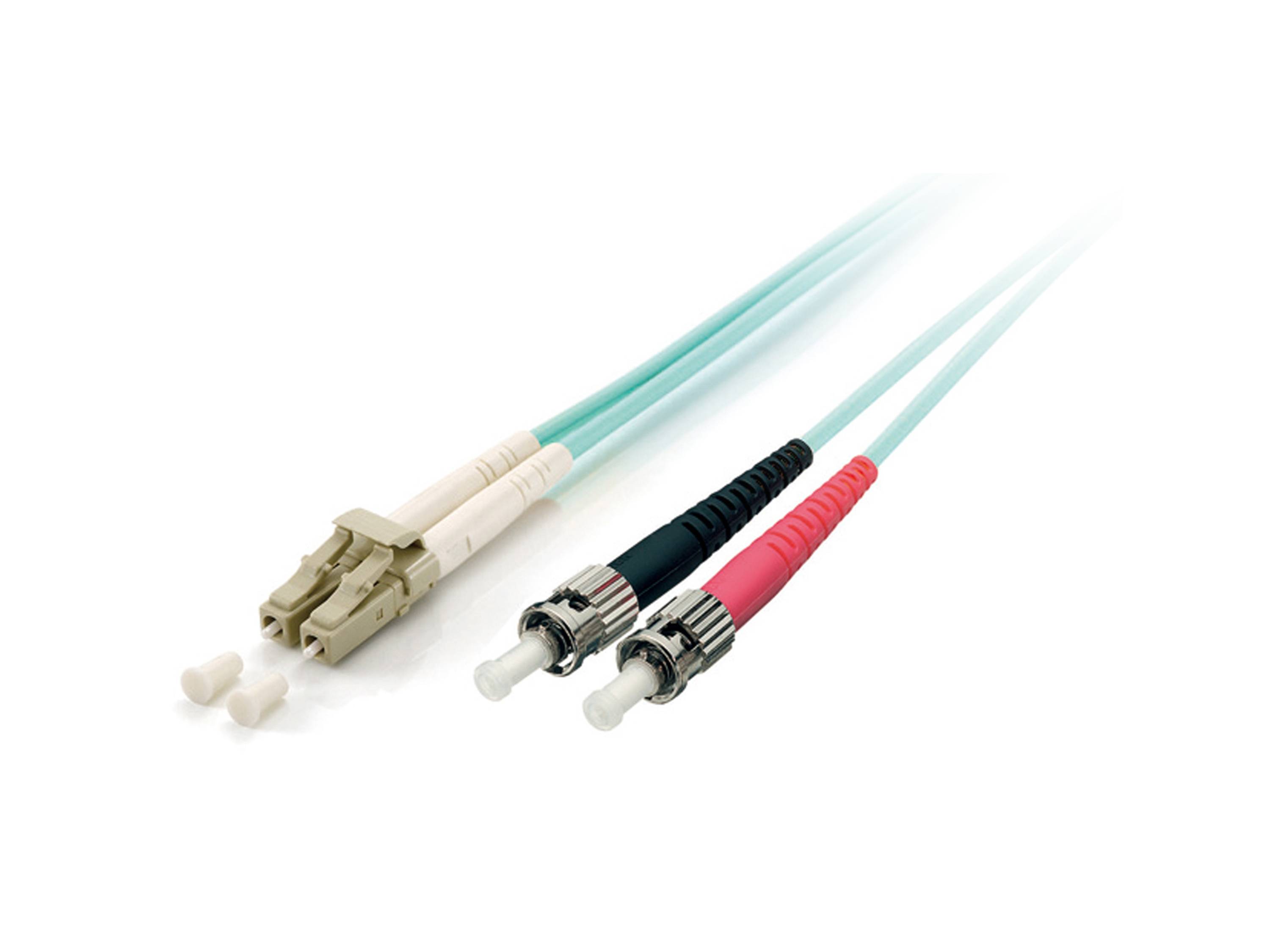 Drei Glasfaserkabel mit Steckerenden, bestehend aus einem beigen Stecker und zwei farbcodierten Metallsteckern mit rosa und schwarzen Schutzkappen.