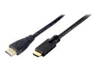 Zwei schwarze Kabelverbinder: Ein HDMI-Stecker auf der linken Seite und ein ähnlicher Mini-HDMI-ähnlicher Stecker auf der rechten Seite, gezeigt auf weißem Hintergrund.