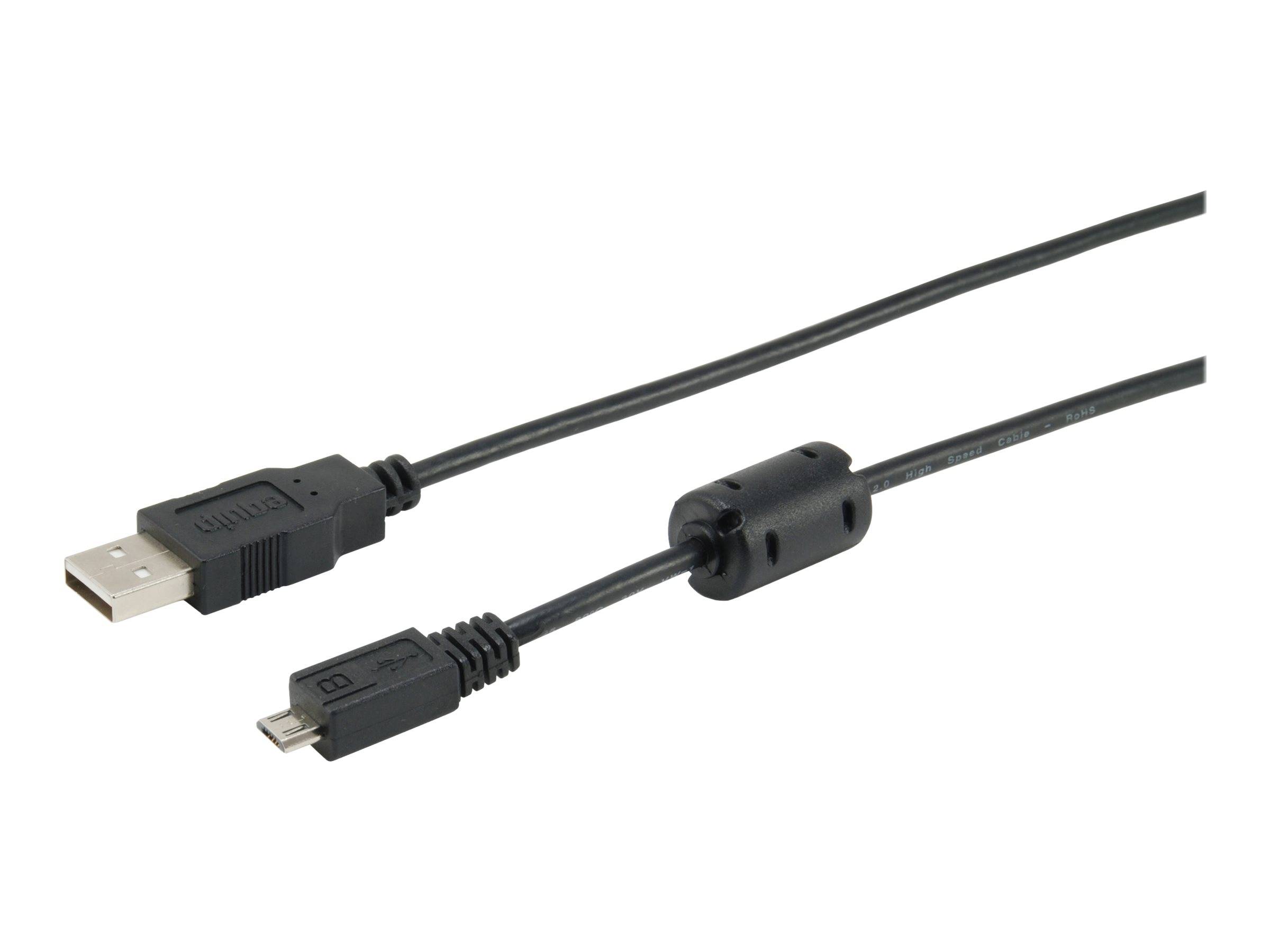 USB-Ladekabel mit einem Standard-USB-A-Stecker an einem Ende und einem Micro-USB-Anschluss am anderen Ende, dargestellt auf weißem Hintergrund.