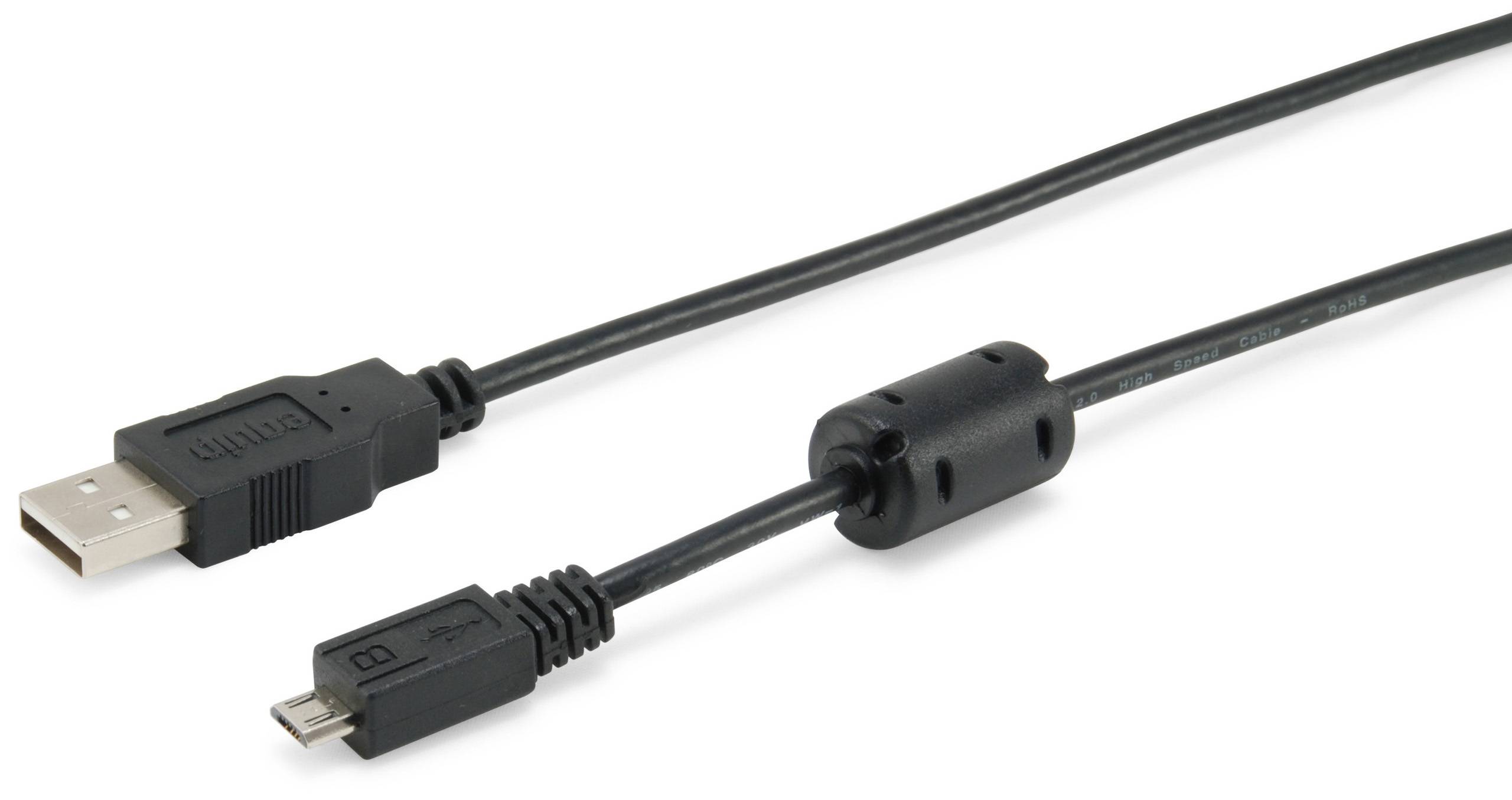 USB-Kabel mit einem Standard-USB-A-Stecker auf der einen Seite und einem kleineren Mini-USB-Anschluss auf der anderen Seite, mit einer Ferritdrossel am Kabel