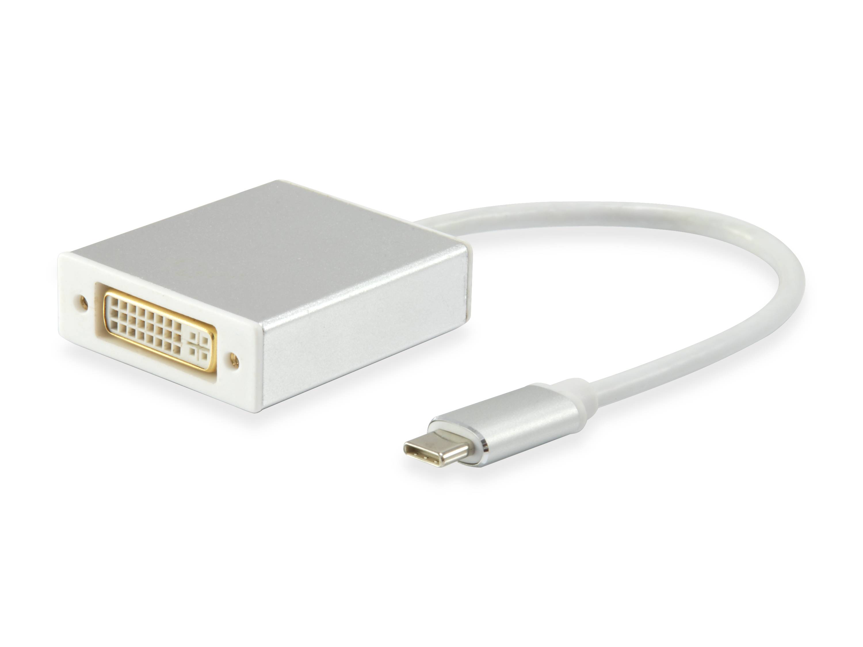 Weißes USB-C-zu-DVI-Adapterkabel mit einem weiblichen DVI-Anschluss an einem Ende und einem männlichen USB-C-Stecker am anderen Ende, dargestellt auf weißem Hintergrund.