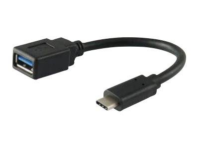 USB-C-Stecker auf USB-A-Buchse Adapterkabel auf weißem Hintergrund.