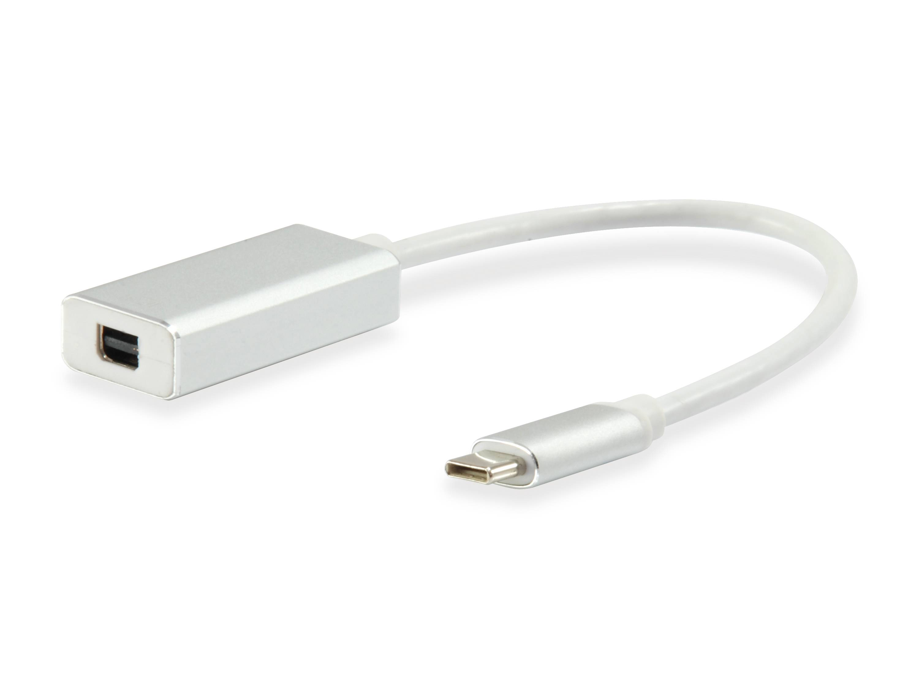 USB-C-zu-Mini-USB-Adapterkabel mit silbernem Steckerblock und kurzem weißem Kabel auf einfachem Hintergrund.