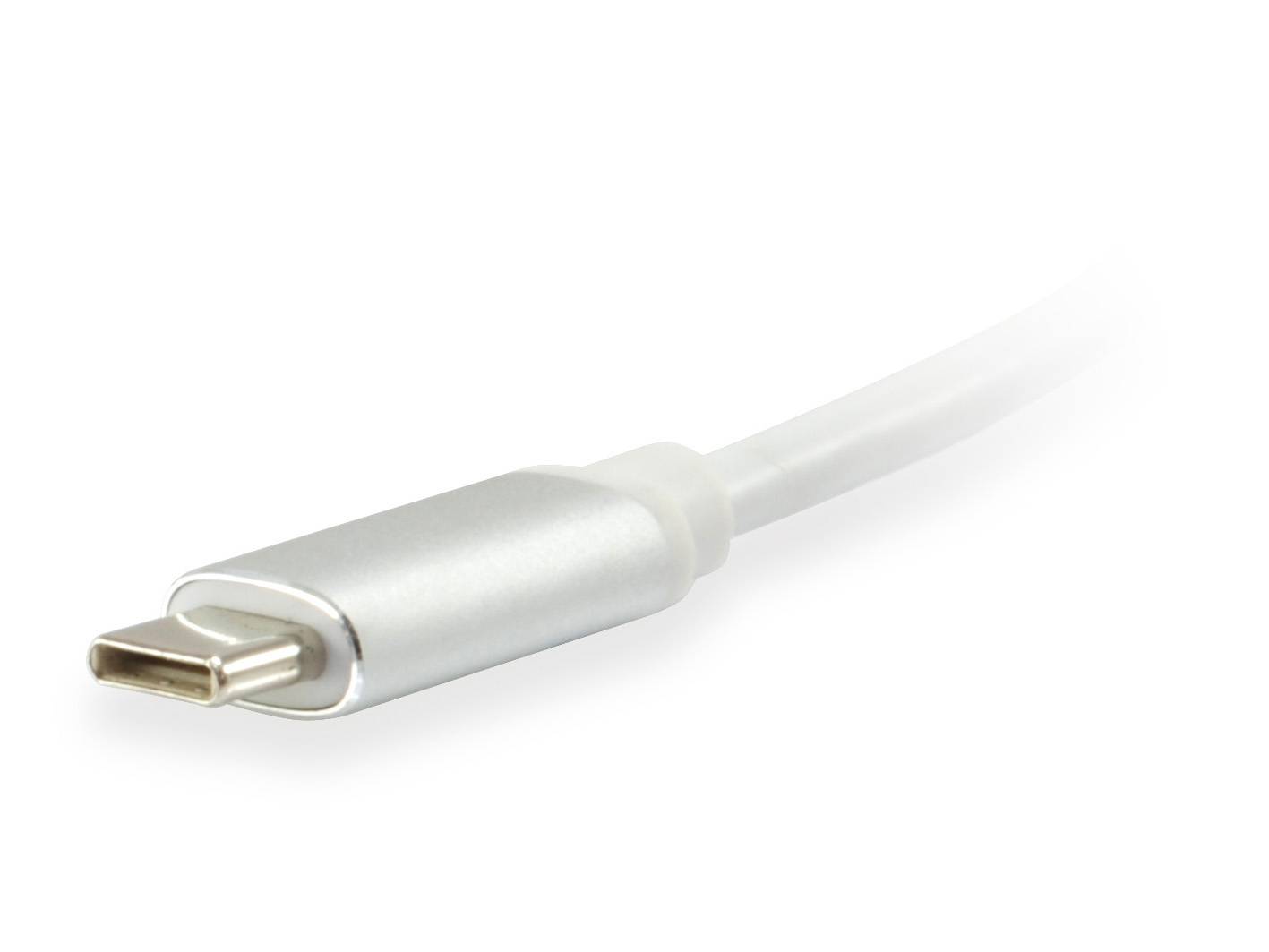 Nahaufnahme eines USB-C-Kabelsteckers mit einer silbernen metallischen Spitze auf weißem Hintergrund.