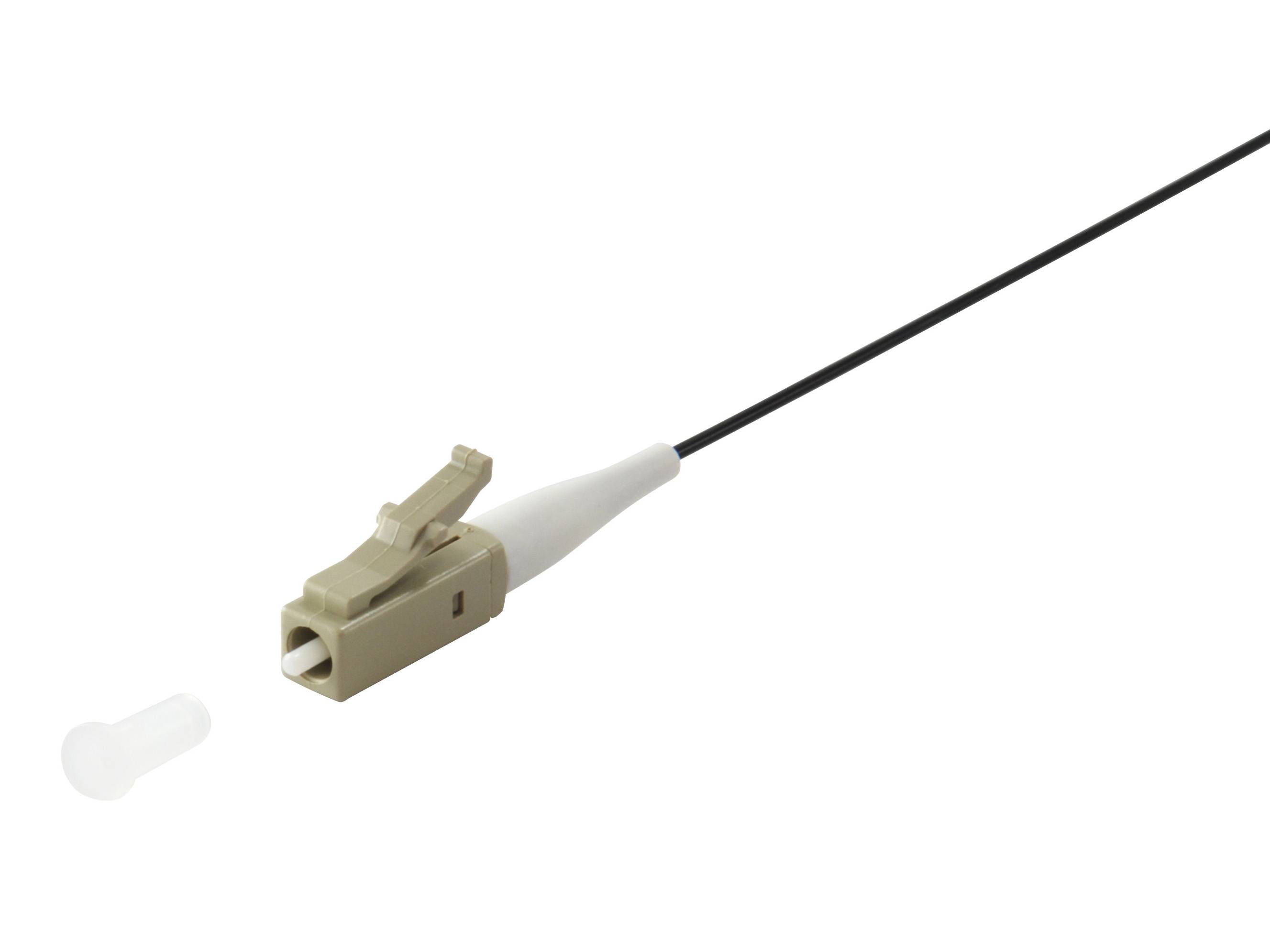 Glasfaser-Steckverbinder mit schwarzem Kabel und abnehmbarer weißer Schutzkappe auf einfachem weißem Hintergrund.