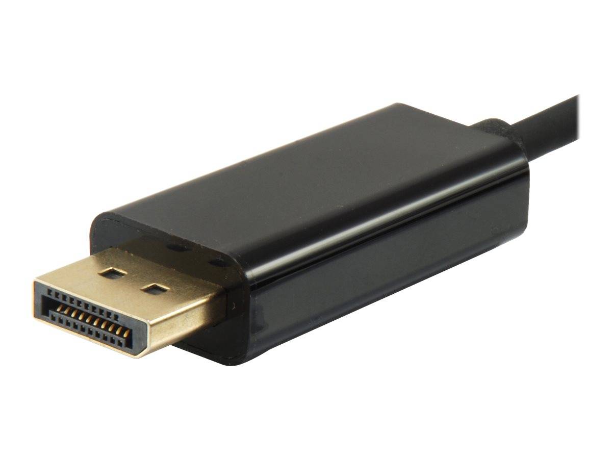 Schwarzes DisplayPort-Kabelverbindungsstück mit vergoldeter Spitze auf weißem Hintergrund.