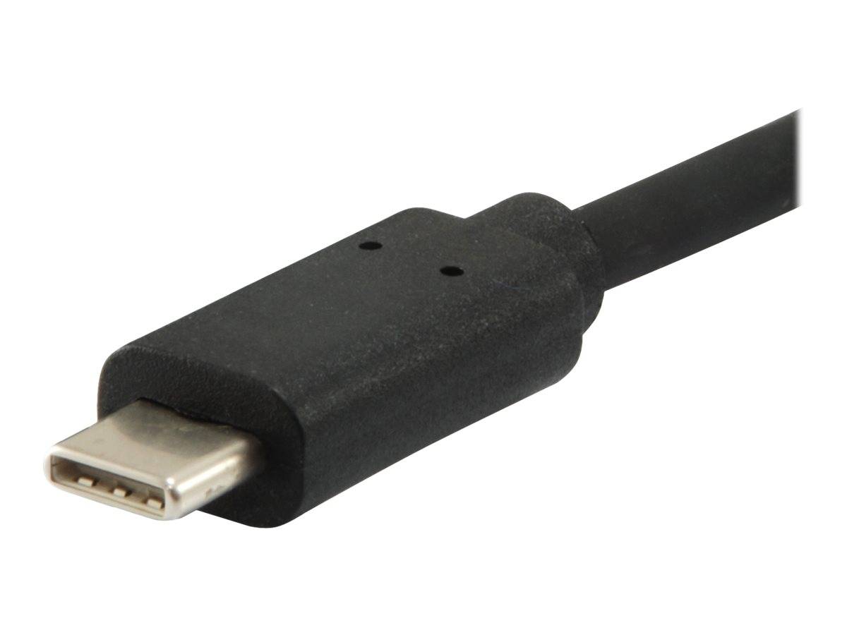 Nahaufnahme eines schwarzen USB-C-Kabelsteckers auf weißem Hintergrund.