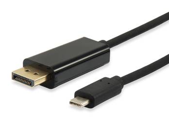 Nahaufnahme eines schwarzen Kabels mit einem DisplayPort-Anschluss auf der einen Seite und einem USB-C-Anschluss auf der anderen Seite.