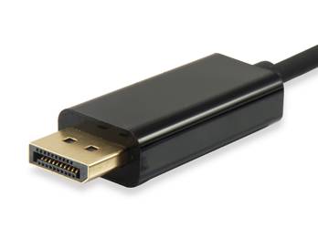 Schwarzer HDMI-Kabelstecker auf weißem Hintergrund, das Steckerembende zeigt, das an einem Kabel befestigt ist.