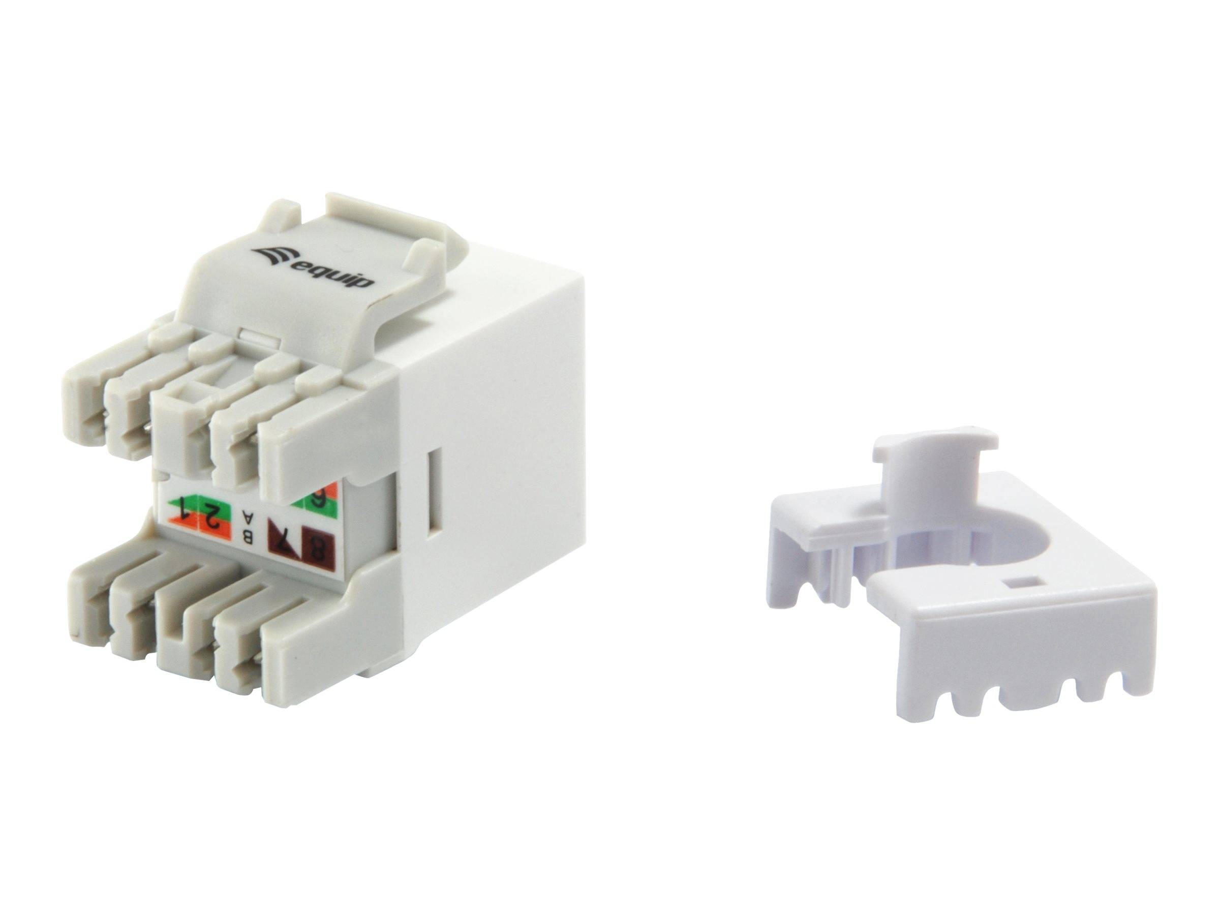 Weiße RJ45-Auflegewerkzeug-Netzwerkbuchse mit separatem Kabelklammer-Adapter auf einfachem Hintergrund.