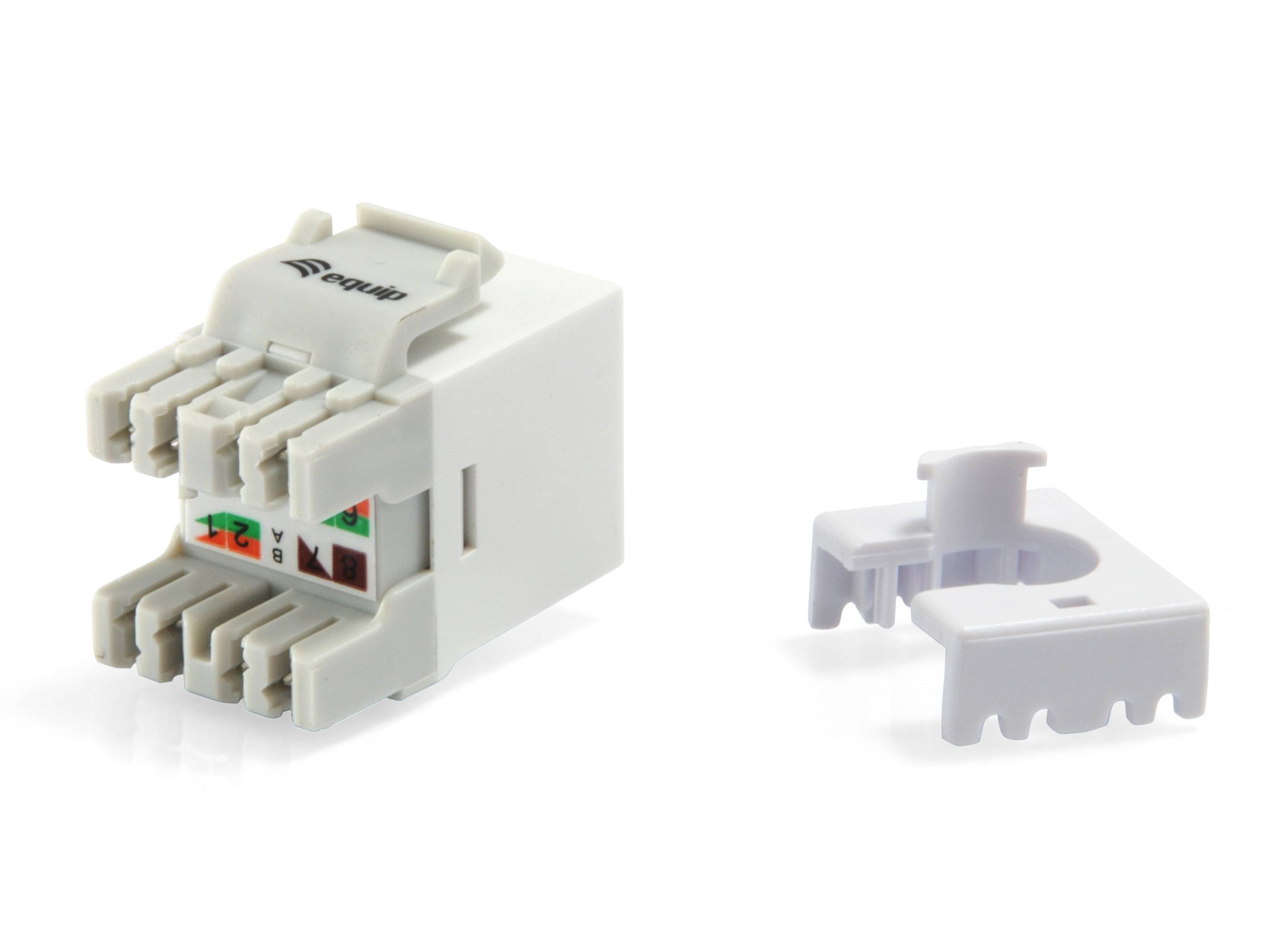 Weißes Netzwerk-Ethernet-Wandsteckdosenmodul mit separatem weißem Befestigungsclip auf einfachem Hintergrund.
