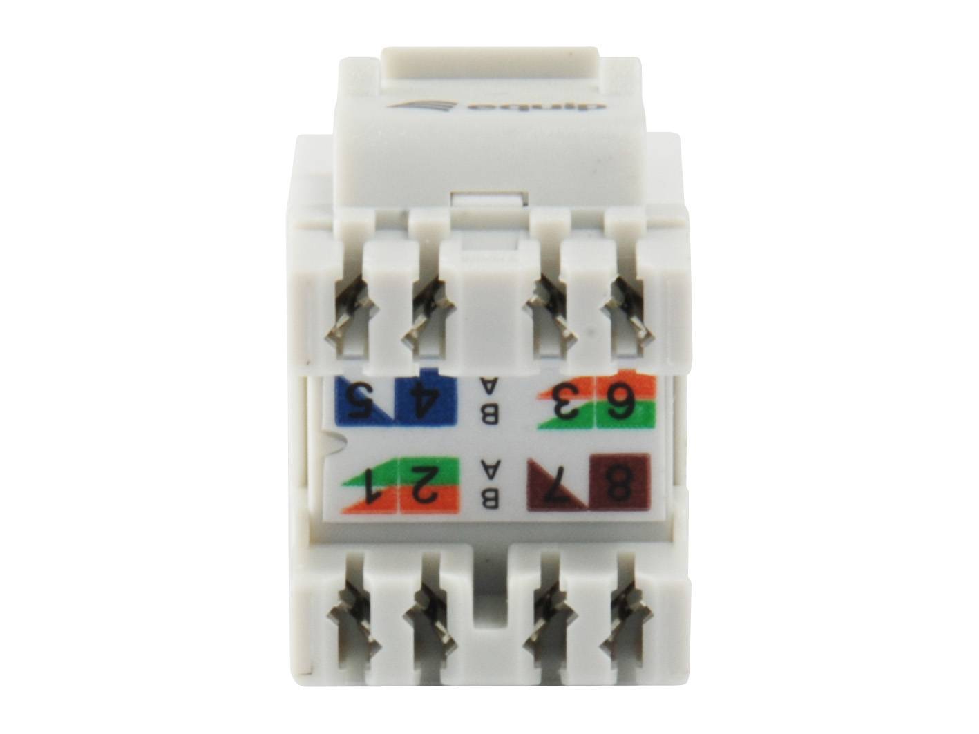 Weiß Ethernet-Kabel Keystone-Buchse mit farbcodierter 568A/568B-Verdrahtungsanleitung und acht Metall-Auflegeklemmen.