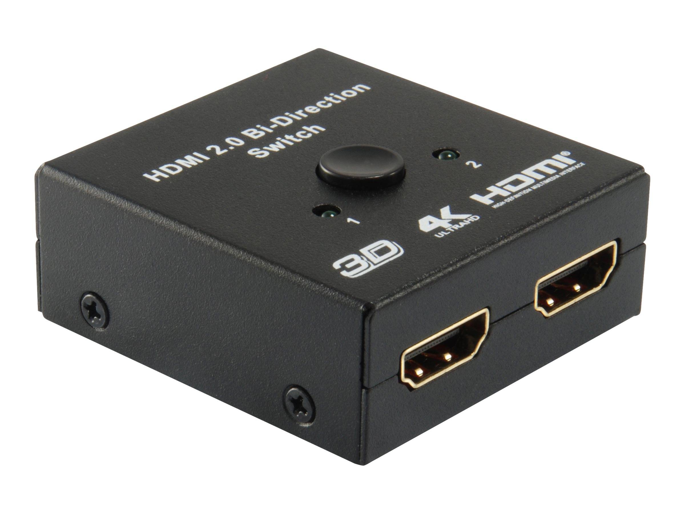 Schwarze HDMI 2.0 bidirektionale Umschalterbox mit obener Wahltaste und zwei HDMI-Anschlüssen, gekennzeichnet mit 4K, 3D und HDMI