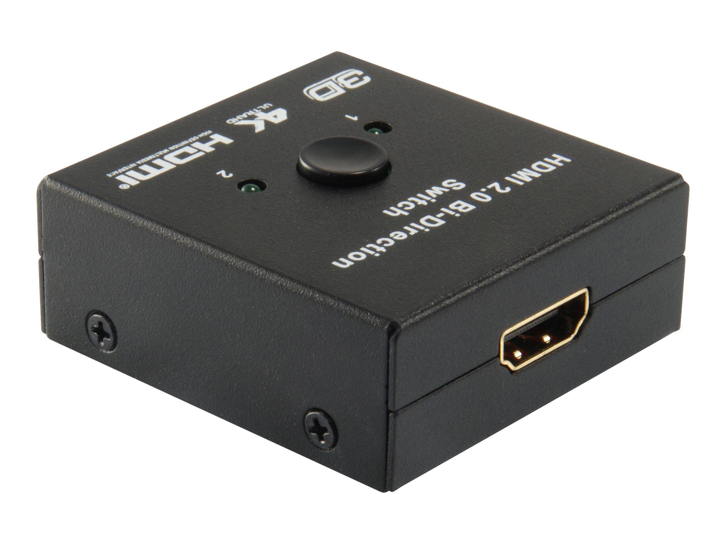 Schwarzer HDMI 2.0 bidirektionaler Schalter mit zentralem Druckknopf, Anzeigelampen und einem sichtbaren HDMI-Anschluss